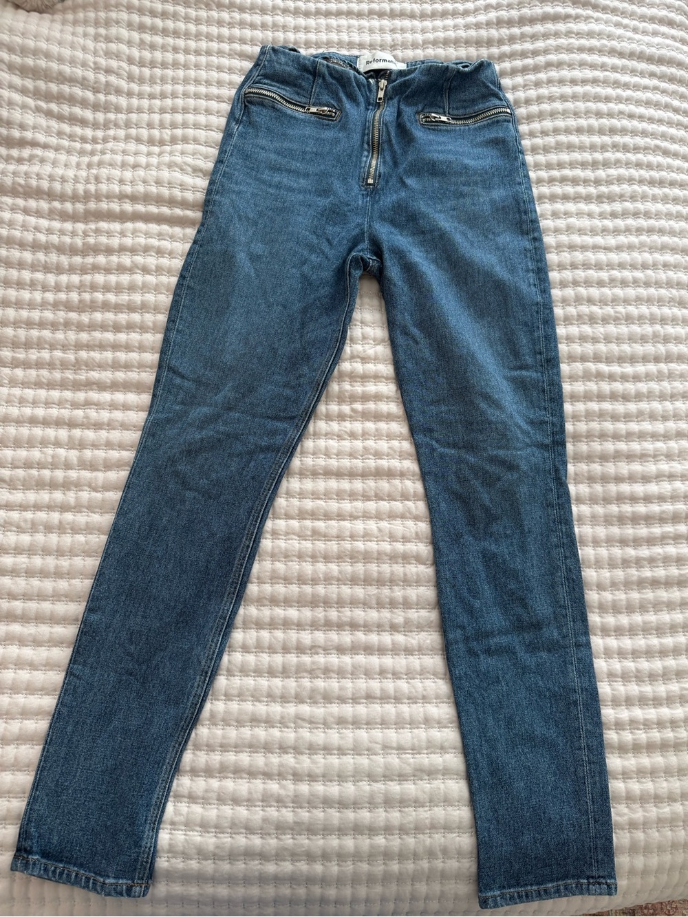 Reformation High-Rise Blue Slim Women's Jeans with Front Zip Detail
